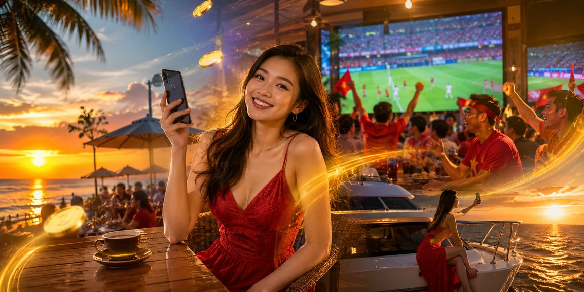 Người dùng Việt Nam tại Phú Quốc thưởng thức cà phê và trải nghiệm nền tảng cá cược trực tuyến 8800 trên điện thoại